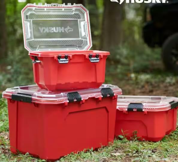 12-Gal. Heavy Duty Stackable Plastic Storage Container with Hinged Lid, 200 lb. Capacity, Red