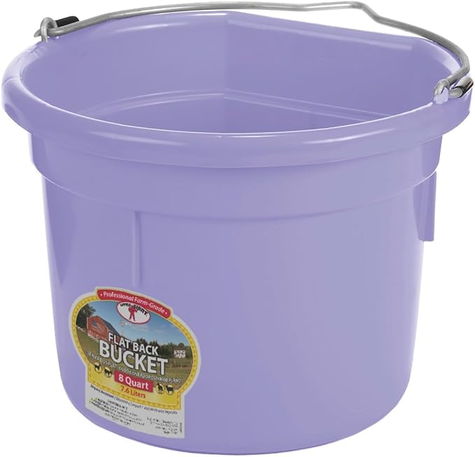 Little Giant® Flat Back Plastic Animal Feed Bucket | Animal Water and Feed Bucket with Metal Handle | 8 Quarts | Lavender