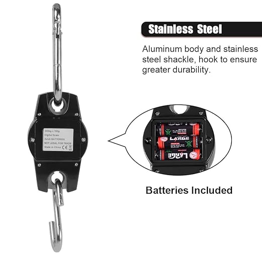 Fuzion Hanging Scale 660lb, Heavy Duty Crane Scale, Aluminum Body, Stainless Steel Hook, Hoyer Lift Scale with Hold/Tare, Digital Hanging Scales for Farms, Hunting, Fishing and Weighing Luggage
