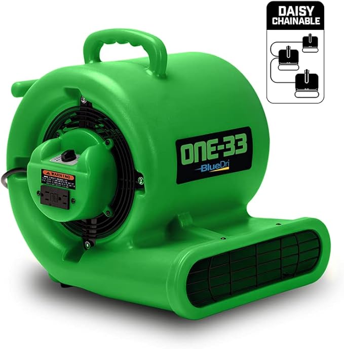 BlueDri One-33 Air Mover, 1/3 HP 2900 CFM Industrial Water Damage Flood Restoration Carpet and Floor Drying Blower Fan (Green)