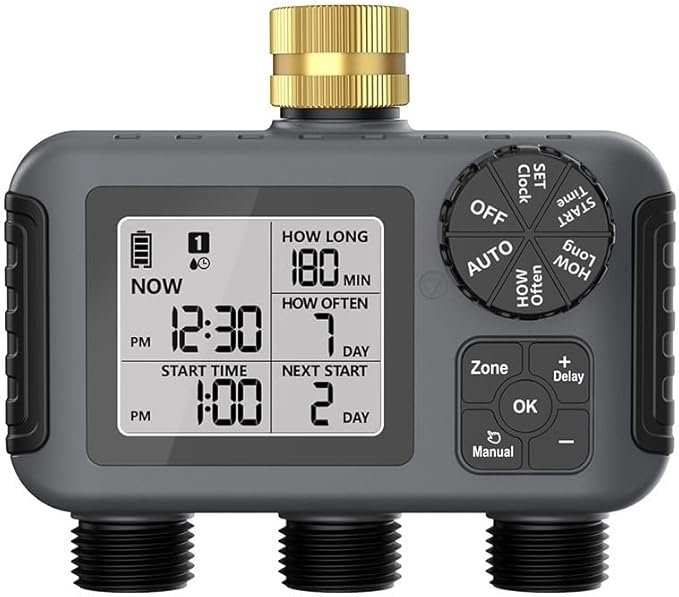 Automatic Garden Watering Timer with 3 Independent Valves Rain Delay and Adjustable Schedule IPX5 Waterproof Irrigation Controller for Lawn Plants Outdoor