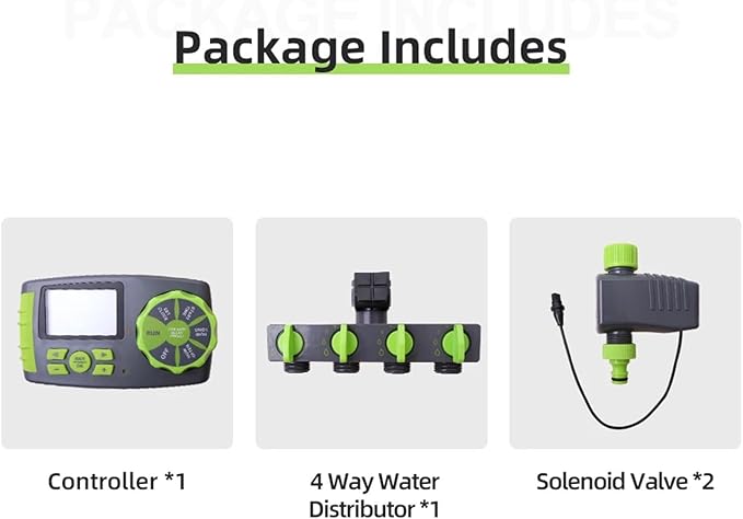 Automatic 4-Zone Irrigation System Watering Timer, Garden Water Timer Controller System with 2 Solenoid Valve(Green)