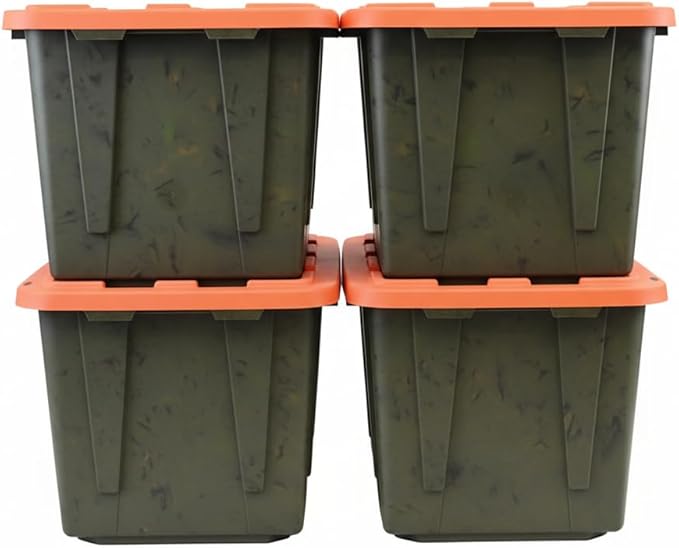 27 Gallon Heavy Duty Storage Container with Lid, Plastic, Durable and reusable, used indoor and outdoor, 20.6" D x 30.6" W x 14.3" H, 4 Pack Or 8 Pack ! (Orange and Camo, 4 Pack)