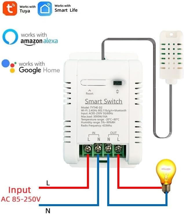 WiFi Wireless Temperature Controller,Include Temperature Probe Sensor ,Tuya app Remote 16A Smart Switch with Energy Consumption Monitoring,Work with Alexa Google (Temperature and Humidity)
