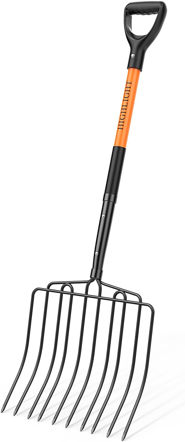 HIGHLIGHT 10-Tine Wide Head Pitch Fork for Manure & Hay, Heavy Duty with Unbreakable Fiberglass Handle, 45-Inch Ergonomic Grip
