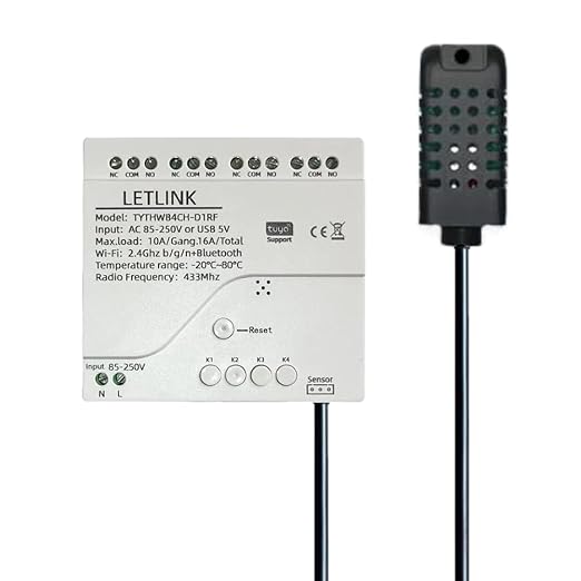 4 Ch WiFi Smart Temperature Humidity Realy Switch,AC 85-250V or USB 5V Smart Life/Tuya app Dry Contact Compatible with Alexa Google Home (AC 85-250V)