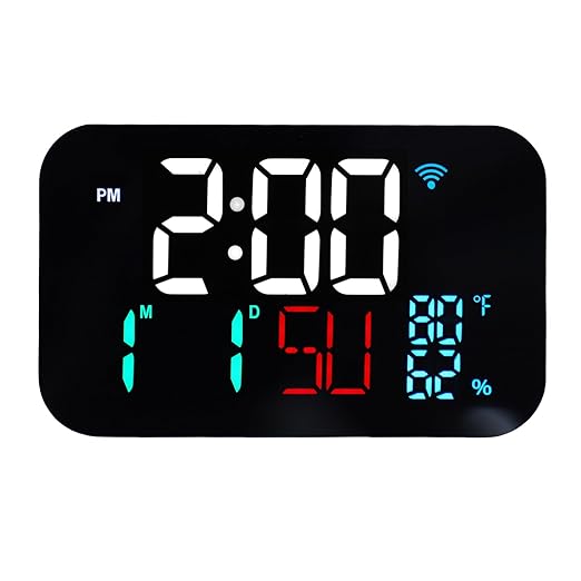 Luqeeg Smart WiFi Digital Clock, Thermometer Humidity Monitor, Weather Station with LED Display, 4 Brightness Levels, Automatic Time Sync & 2 Alarms, Compatible with Tuya Smart App, (#1)