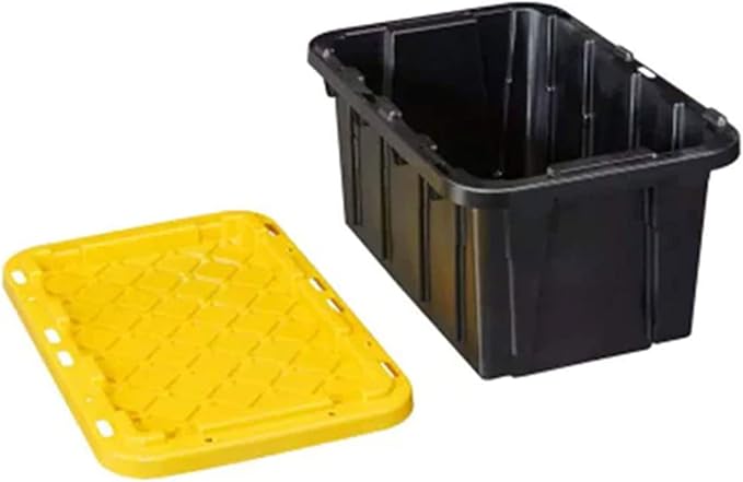 Juggernaut Storage Multipurpose 5 Gallon Lockable Plastic Storage Tote with Secure Snap Fitting Lid for Home Organization, Black/Yellow (Set of 2)