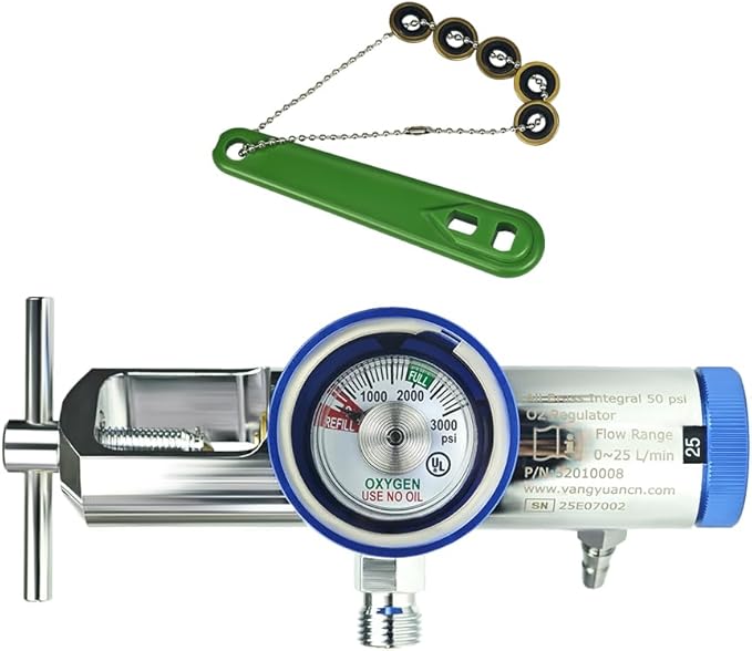 Oxygen Regulator with 1 Wrench and 5 Brass Yoke Washer Seals, CGA870 Connection 0-25 LPM with Impact Withstanding Metal Gauge, Break Withstanding, All-Brass Body