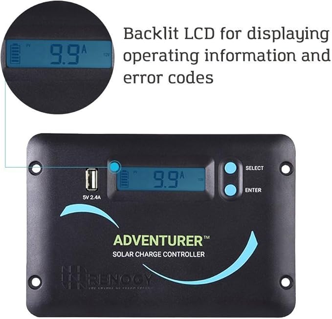 Renogy Adventurer-Li 30A Solar Controller - Flush Mount Design for RV/Camper Walls, 12V/24V Auto PWM Charger, LCD Display, Compatible with Lithium & AGM/Gel Batteries