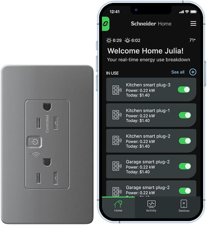 Square D by Schneider Electric X Series 15A 125V Wi-Fi Energy Monitoring Socket Outlet, Tamper Resistant, Matter Certified, Compatible with Alexa, Google Home, Apple Home, Matte Grey