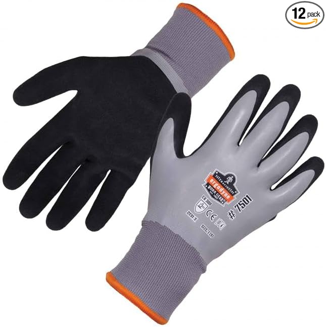 Ergodyne ProFlex 7501 Coated Waterproof Winter Work Gloves, Sandy Nitrile Coated Palms, Thermal Fleece Lining, 12-PK