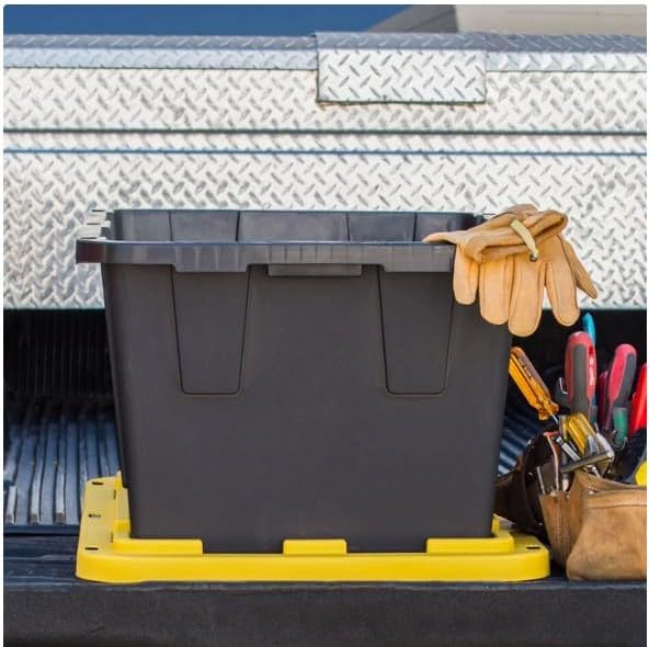 Tough 12 Gallon Plastic Storage Bin with Snap Lid, Stackable, Lockable, Set of 4, Heavy-Duty, Durable, Multi-Purpose Storage Containers for Indoor & Outdoor Use (Black)