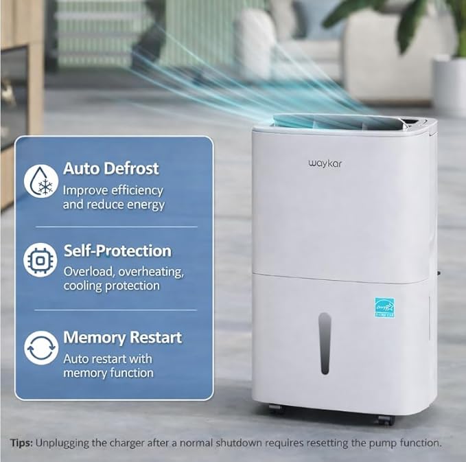 Waykar 150 Pints 2025 Energy Star Dehumidifier with Pump for Spaces up to 7,000 Sq. Ft. at Commercial and Industrial Large Room, Warehouse, Home, Basement, with Drain Hose, Auto Defrost, Self-Drying