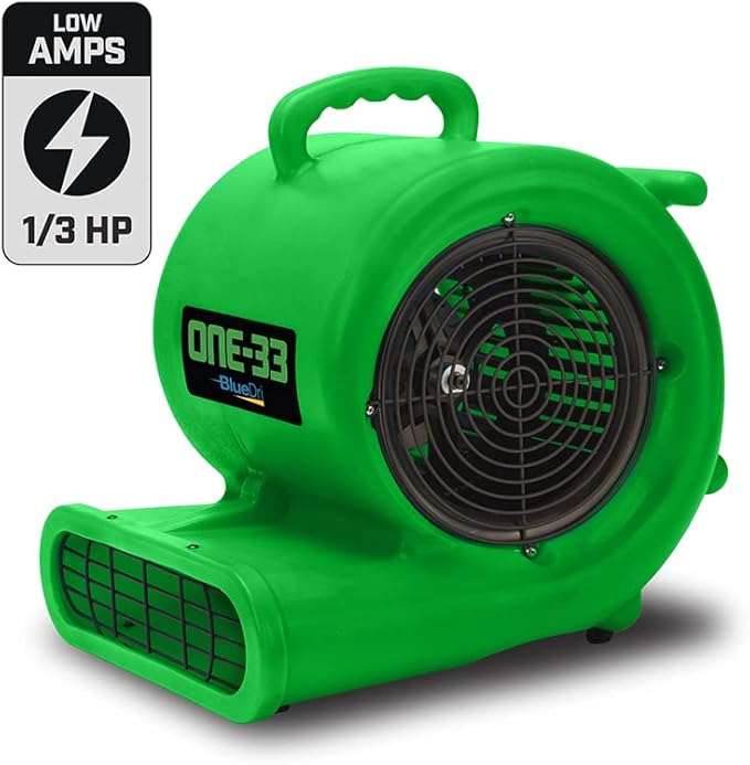 BlueDri One-33 Air Mover, 1/3 HP 2900 CFM Industrial Water Damage Flood Restoration Carpet and Floor Drying Blower Fan (Green)