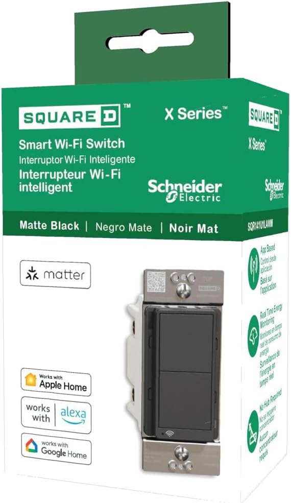 Square D by Schneider Electric X Series 15 Amp WiFi Energy Monitoring Light Switch, Single-Pole/3-way, 600 Watt, Rocker, Matter Certified, Works with Alexa, Google Home, Apple Home, Matte Black