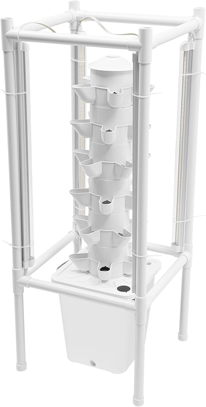 Hydroponic Growing Kit, 6 Layer 30 Planting Point Hydroponic Grow Tower with 4 LED Lamps, Vertical Tower Planter Germination Kit, Hydroponics Growing System for Garden, Office, Balcony (White)