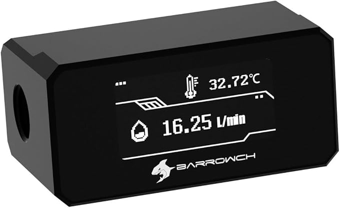 Barrowch G1/4" Water Temperature Sensor & Flow Meter with OLED Display FBFT07 for PC Water Cooling System (Black)
