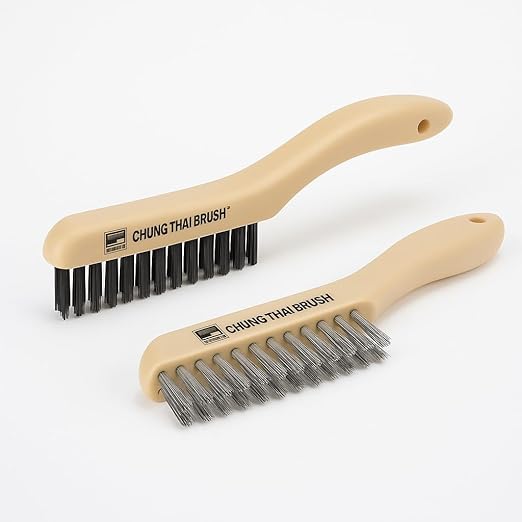 10” Plastic Handle Wire Brush Set (C80400) – 2 Pack 4 Row Scratch Brush Premium Carbon Steel Bristles and Stanless Steel Set, Durable, Paint Removal, Rust Removal, Scrubbing, Deep Cleaning