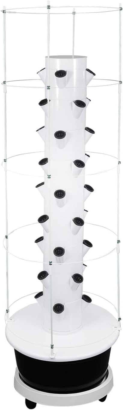 Hydroponic Growing Tower with Climbing Trellis, 30L Water Tank & Automatic Timer, Indoor Outdoor Vertical Garden System for Vegetables Herbs Strawberries (Black - 36 Holes)