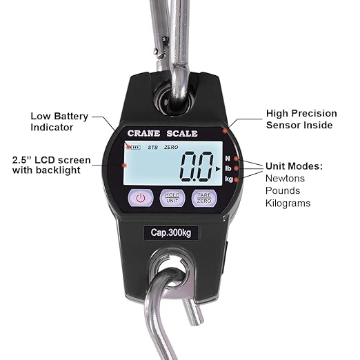 Fuzion Hanging Scale 660lb, Heavy Duty Crane Scale, Aluminum Body, Stainless Steel Hook, Hoyer Lift Scale with Hold/Tare, Digital Hanging Scales for Farms, Hunting, Fishing and Weighing Luggage