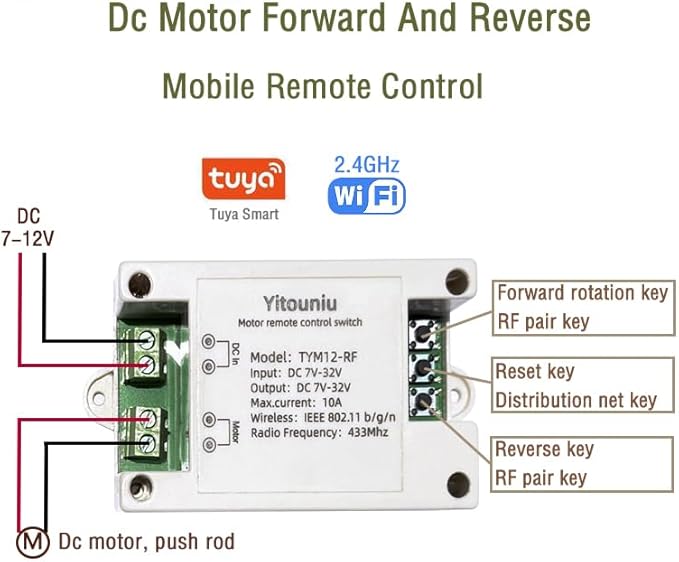Tuya Smart WiFi/Bluetooth DC Motor Controller 10A 7-32V Reversible Switch with Timer, Voice Control for Electric Actuators, Smart Home (Alexa Compatible)