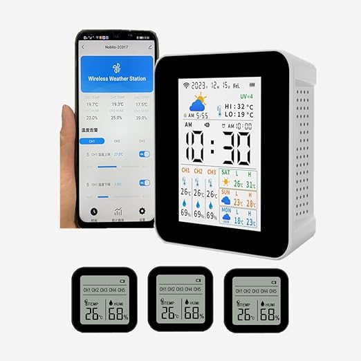 Weather Stations Wireless Indoor Outdoor Thermometer Alarm & Smart WiFi Weather Forecast Next 3 Days with Phone App Temperature & Humidity Monitor with 3 sensors Store 1 Year's Data. (2CO17-3)