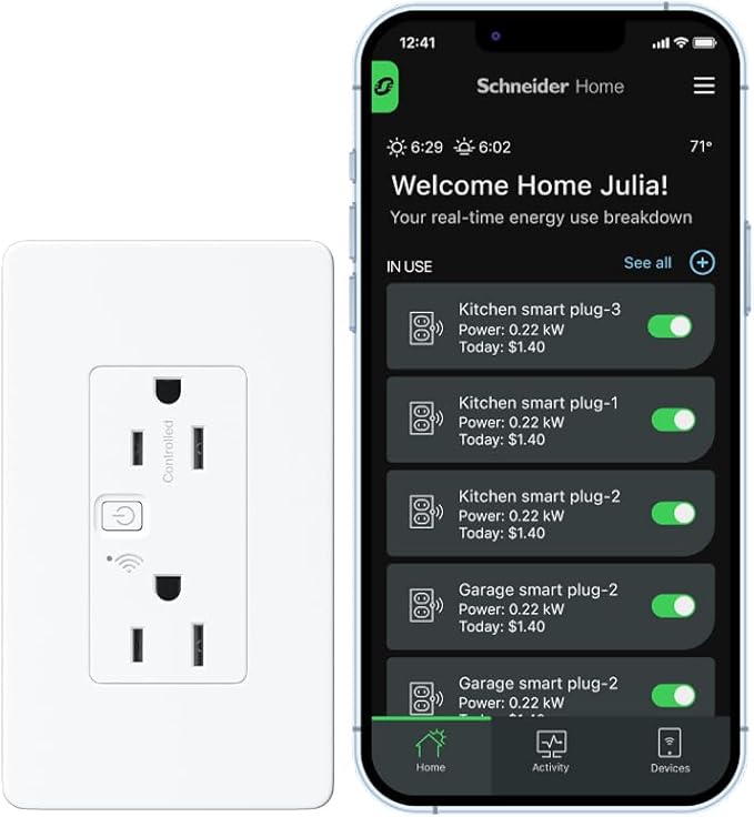 Square D by Schneider Electric X Series 15A 125V Wi-Fi Energy Monitoring Socket Outlet, Tamper Resistant, Matter Certified, Compatible with Alexa, Google Home, Apple Home, Matte White