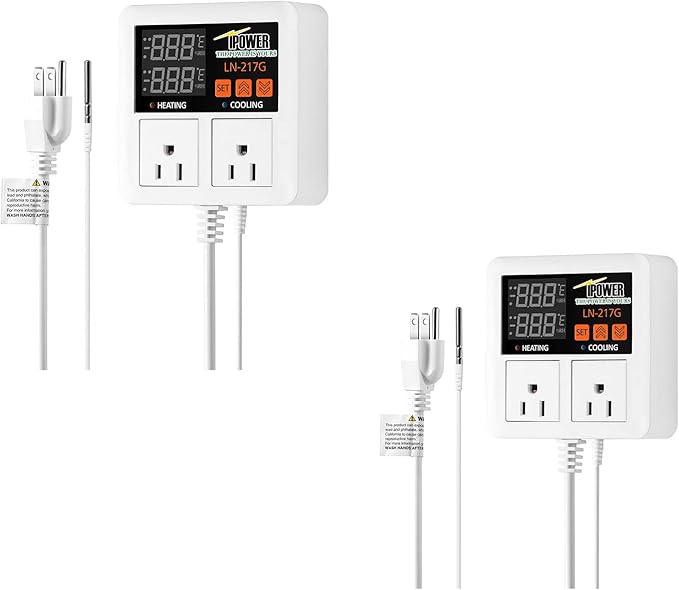 iPower Temperature Controller 1200W 10A Dual Digital Outlet Thermostat Plug, Pre-Wired, 2 Stage Heating and Cooling Mode, Fermentation BBQ Reptile Aquarium, 2 Pack