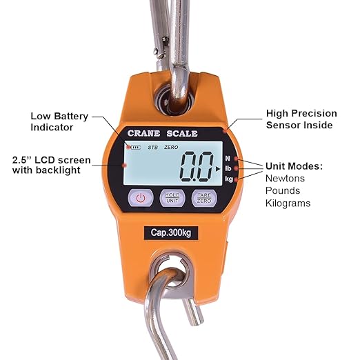 Fuzion Hanging Scale 660lb, Heavy Duty Crane Scale with Large LCD Display, Digital Weight Deer Scale with Hold/Tare for Farms, Hunting, Fishing and Weighing Luggage