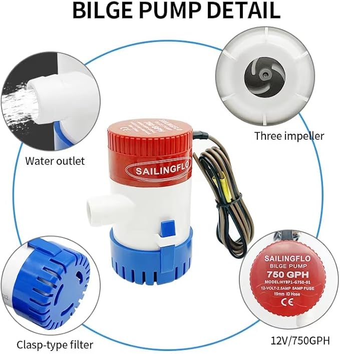 12V Bilge Pumps for Boats-750 GPH 3/4"(19mm) Outlet Non-Automatic Bilge Water Pump,Submersible Boat Accessories,Electric Marine Waterproof Reset (Red, 750 GPH)