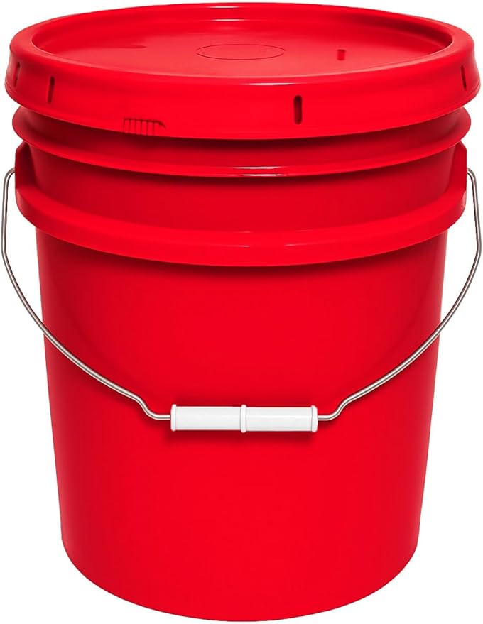 MKS Plastics 5-Gallon Bucket with Airtight Lid – Made in USA, Food Grade BPA Free Plastic, Heavy Duty Multi-Use, Metal Handle with Grip, Stackable Storage – Red, 1 Pack