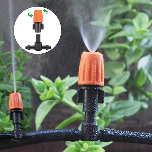 50pcs Garden Irrigation Spray Emitter, Adjustable 360 Degree Flow Micro Spray Nozzle with 1/4" Barbed Tee Fittings,Drip Irrigation Head for Garden Watering System,Drip Irrigation Kit Parts