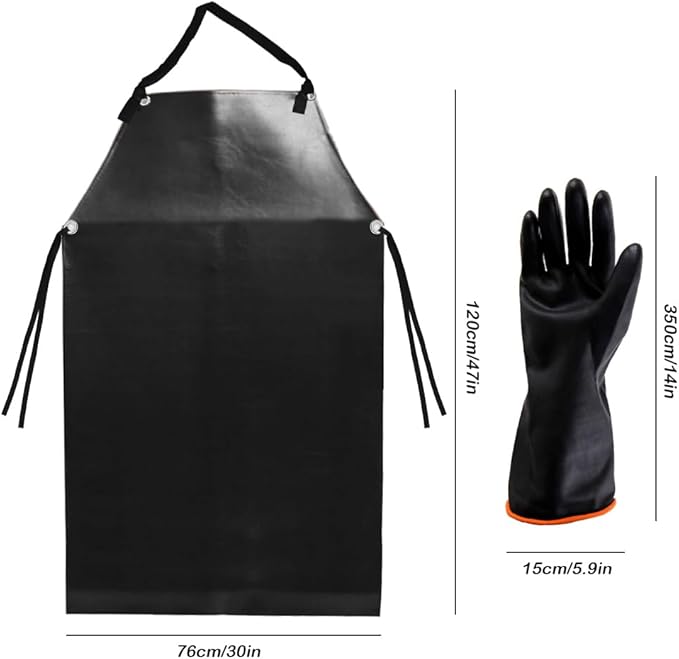 DaKuan Heavy Duty PU Apron & Latex Gloves, Waterproof Resist Strong Acid, Alkali and Oil Apron & Gloves Best for Staying Dry When Dishwashing, Lab Work, Butcher