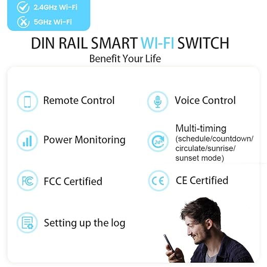 TONGOU DIY 1P+N Smart Wi-Fi Switch, Work with Alexa and Google Assistant for Voice Control, 16A with Energy Monitor, Smart Life/Tuya APP Remote Control, Timer Functions, DIN Rail Mounted,FCC Certified