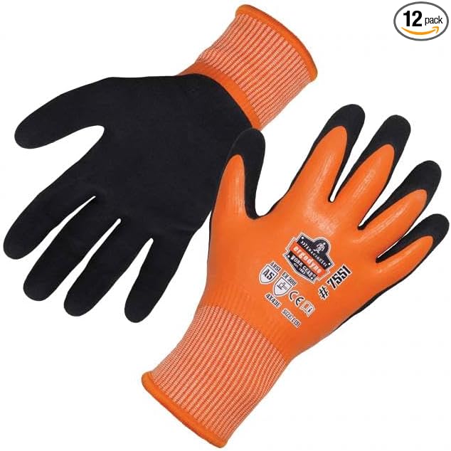 Ergodyne ProFlex 7551 Waterproof Winter Work Gloves, Cut Resistant ANSI A5, Sandy Nitrile Coated Palms, Thermal Fleece Lining, 12-Pack