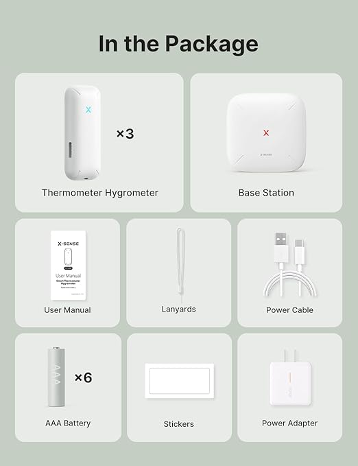 X-Sense Wi-Fi Temperature and Humidity Monitor, Indoor Humidity Meter with App Control, Hygrometer for House, Gardening, Free Data Storage Export, 3 Sensors & 1 Base Station