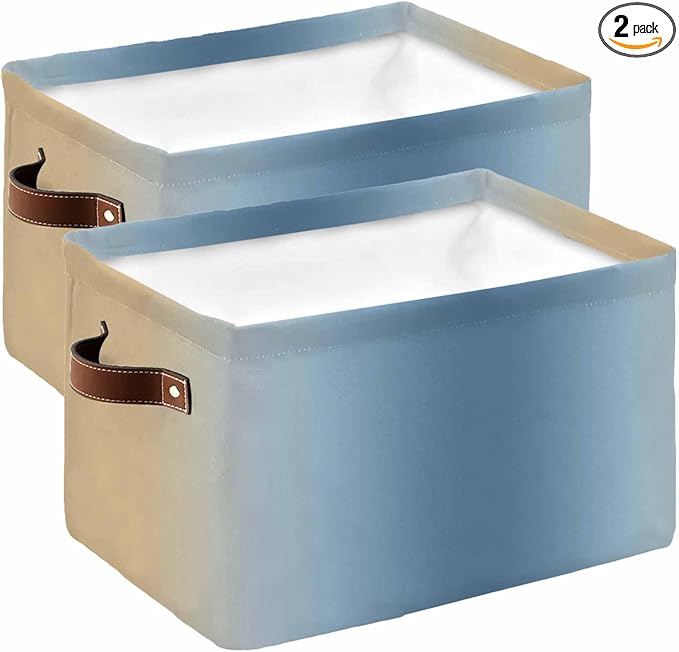 Blue Yellow Ombre Storage Bins Cubes Waterproof Cloth Storage Basket, Farmhouse Modern Gradient Art Foldable Storage Bags for Shelf Closet Clothes Storages Organizers with Handles 15x11x9.5 in 2PCS