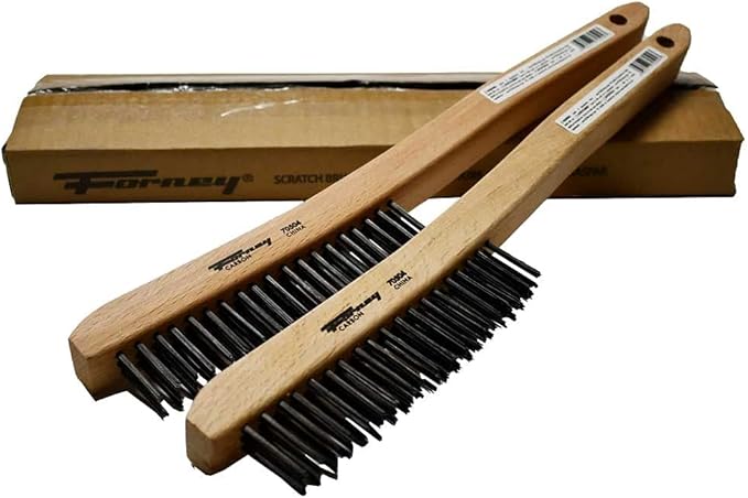 Forney 70504A 2-Pack Carbon Steel Wire Brush's with Curved Wood Handle, 13-3/4-Inch-by-.014-Inch, Assorted