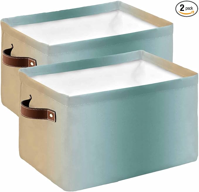 Teal Yellow Ombre Storage Bins Cubes Waterproof Cloth Storage Basket, Farmhouse Modern Gradient Art Foldable Storage Bags for Shelf Closet Clothes Storages Organizers with Handles 15x11x9.5 in 2PCS