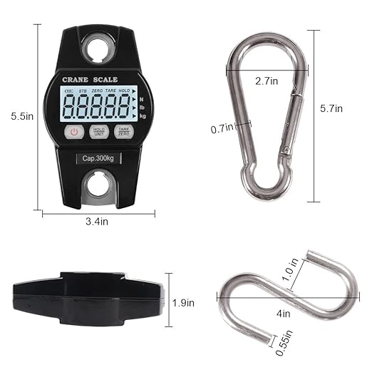 Fuzion Hanging Scale 660lb, Heavy Duty Crane Scale, Aluminum Body, Stainless Steel Hook, Hoyer Lift Scale with Hold/Tare, Digital Hanging Scales for Farms, Hunting, Fishing and Weighing Luggage