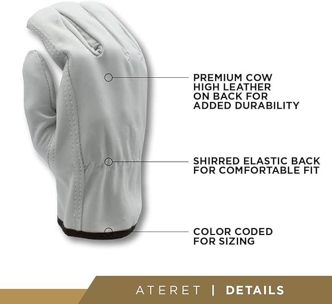 ATERET 12 Pairs 3X-Large Heavy Duty Durable Cowhide Leather Work Gloves I Driver Gloves for Truck Driving, Warehouse, Gardening, Farming