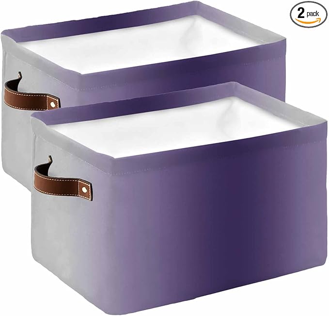 Purple Grey Ombre Storage Bins Cubes Waterproof Cloth Storage Basket, Farmhouse Gradient Minimalist Foldable Storage Bags for Shelf Closet Clothes Storages Organizers with Handles 15x11x9.5 in 2PCS