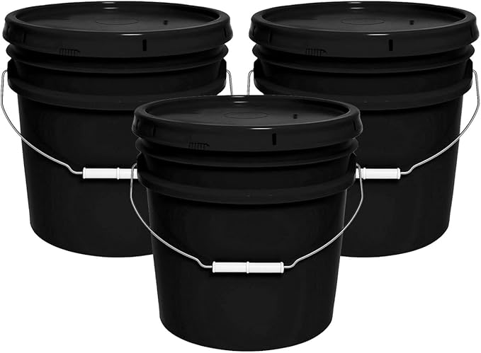 MKS Plastics 3.5-Gallon Bucket with Airtight Lid – Made in USA, Food Grade BPA Free Plastic, Heavy Duty Multi-Use, Metal Handle with Grip, Stackable Storage – Black, 3 Pack