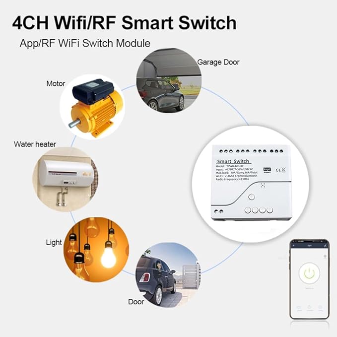4 Channel WiFi& RF& Bluetooth Smart Dry Contact Relay Switch Module,Phone app Remote/Voice Control,Timer,Compatible with Alexa. (7-32V/USB 5V)