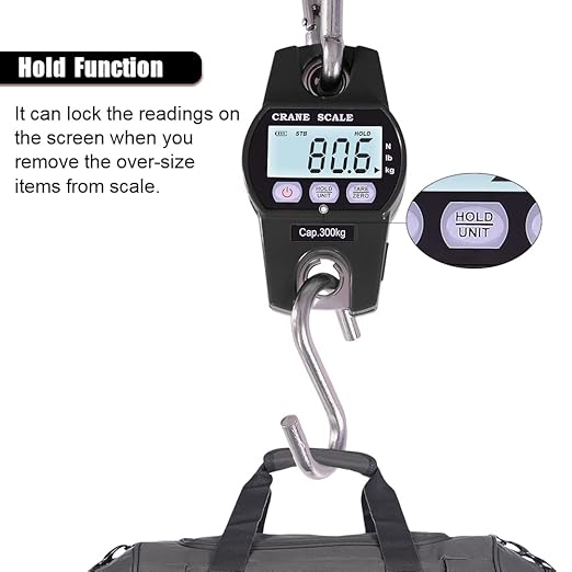 Fuzion Hanging Scale 660lb, Heavy Duty Crane Scale, Aluminum Body, Stainless Steel Hook, Hoyer Lift Scale with Hold/Tare, Digital Hanging Scales for Farms, Hunting, Fishing and Weighing Luggage