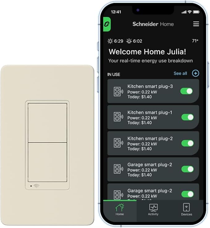 Square D by Schneider Electric X Series 15 Amp WiFi Energy Monitoring Light Switch, Single-Pole/3-way, 600 Watt, Rocker, Matter Certified, Works with Alexa, Google Home, Apple Home, Matte Light Almond