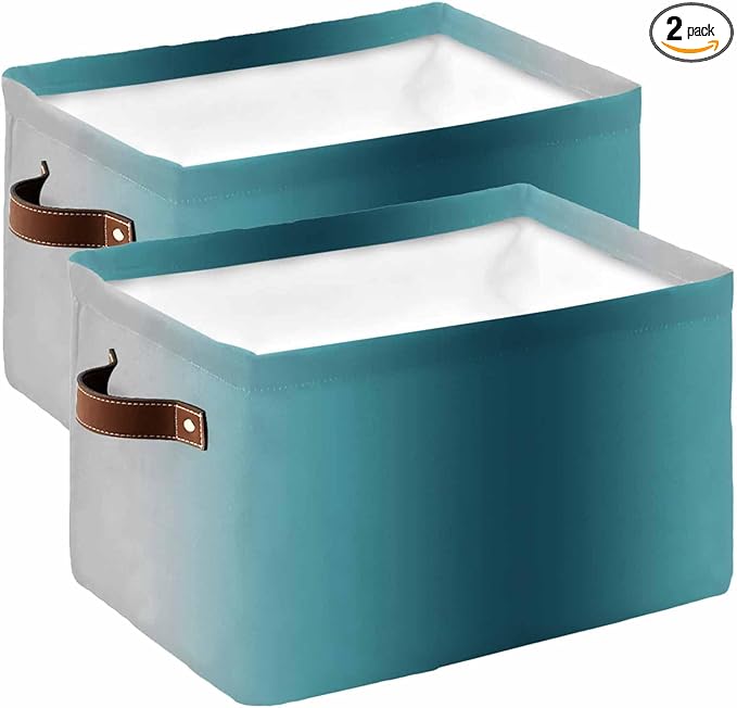Turquoise Grey Ombre Storage Bins Cubes Waterproof Cloth Storage Basket, Farmhouse Gradient Minimalist Foldable Storage Bags for Shelf Closet Clothes Storages Organizers with Handles 15x11x9.5 in 2PCS