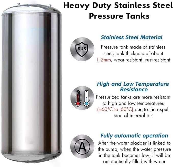 Water Stainless Steel Storage Tank 26 40 50 65 80 130 Gallon Large Horizontal Well Bladder Tank, Stainless Steel Pressurized Water Tank for Well Water Sprinkler Systems(250L/66Gal(115x65cm/45.