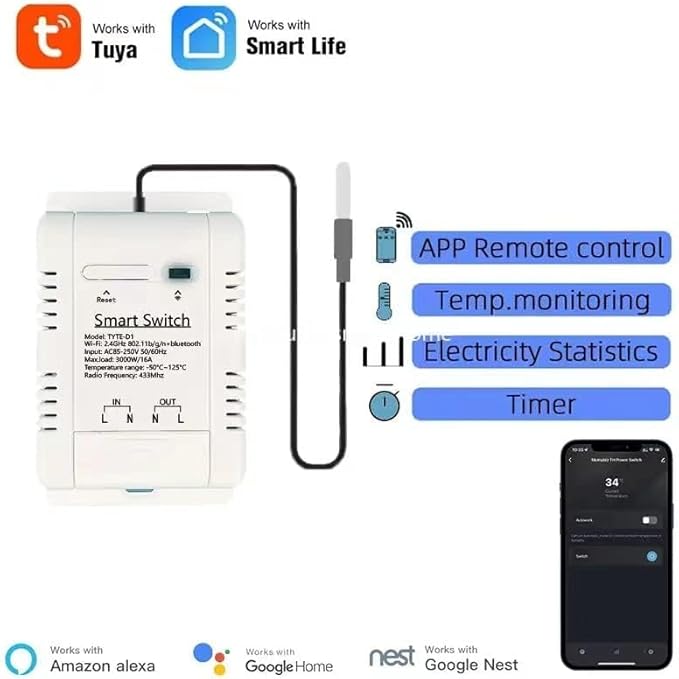 High Power Tuya 16A Smart WiFi Temperature Controller with Waterproof Probe - APP Remote Control for Greenhouse,Homebrew,Thermostat,Aquarium,Climbing Pet Breeding,Incubator,Alexa Voice Compatible
